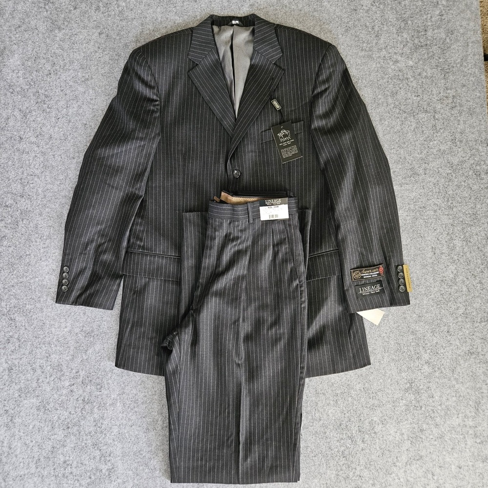 Lineage Mens Charcoal Pinstripe 2-Piece Suit 42L 34x35 Super 110s Merino Wool